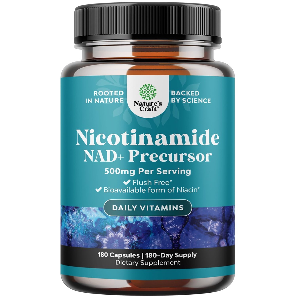 Vitamin B3 Niacinamid 500mg Kapsler - Mitokondrial Energi og Potent Hud Supplement - AKA Vitamin B3 Niacin 500mg Flush Gratis og Nikotinamid 500mg - Flush Free Niacin Supplement - 180 Count