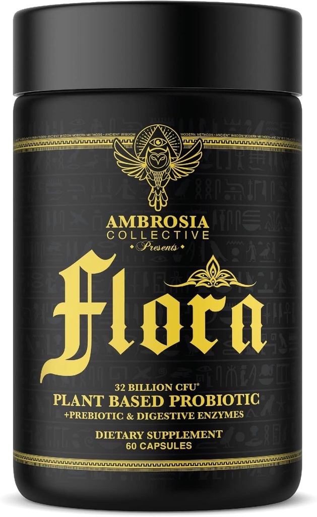 Ambrosia Flora Digestive Enzymer med probiotika og prebiotika, Plant Based Gut Helse Supplement, 32 milliarder CFU, Vegansk Probiotika for Digestive helse (30 Serveringer)