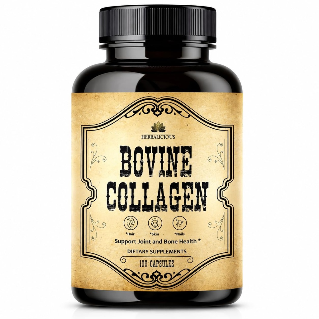 HERBALICIous Bovine Collagen Kosttilskudd for menn og kvinner | Hydrolysert Grass-Fed Bovine Collagen Peptides | Felles, Nerve & Bein støtte | Ikke-GMO, Anti-Aging | 100 Kapsler