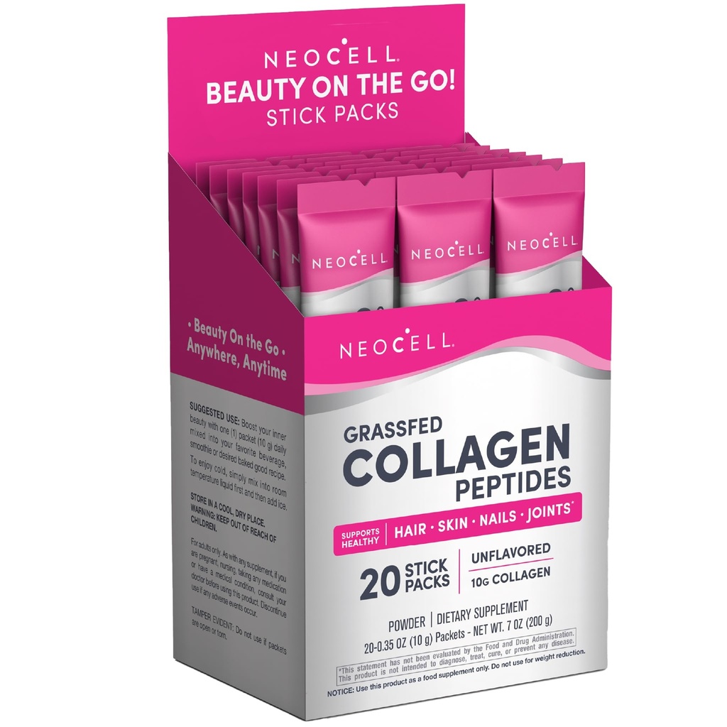 NeoCell Super Collagen Peptider, 10 g Collage/Serve Packet; Keto Certified, Glutenfri; For sunn hud, hår, negler og felles støtte;* Uslavorert pulver, 20 Servs, 7 Oz.