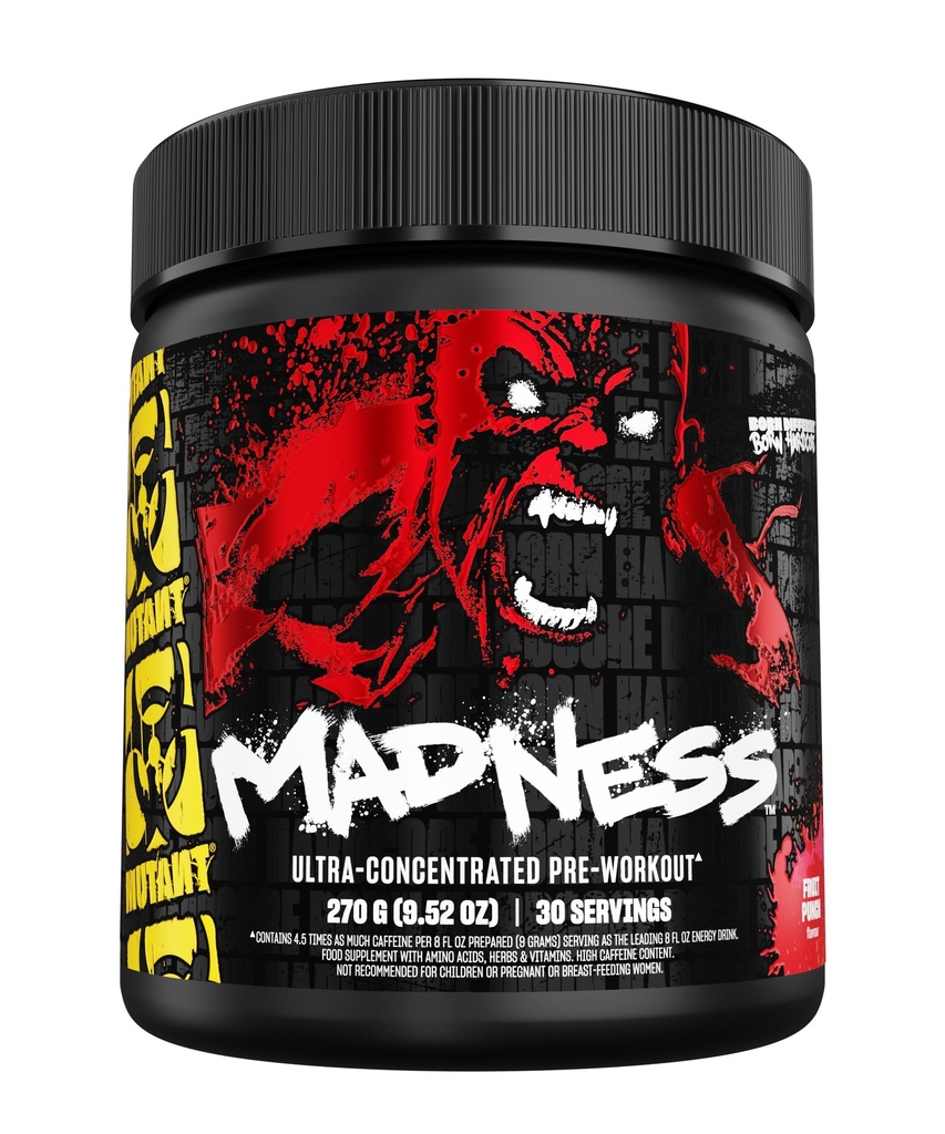 Mutant Madness | Pre Workout pulver ytelse og pumpe blanding inneholder L-Citrullin, Beta-Alanin, Taurin, L-Tyrosin | 270G (9,52 OZ) 30 Servering | Frukt Punch