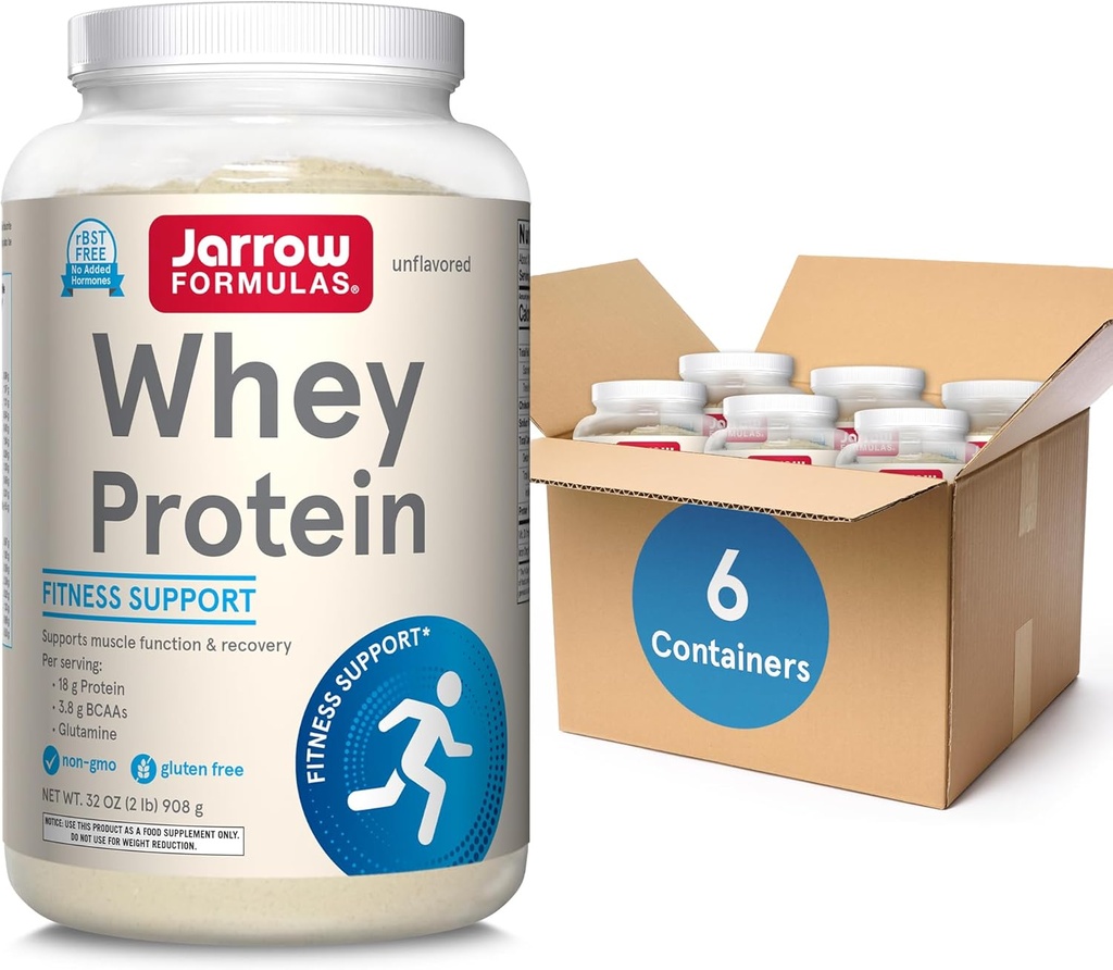 Jarrow Formler Whey Protein Med 18 g protein, 3,8 g BCAA, og Glutamin, Diett Supplement for muskelfunksjon og gjenoppretting støtte, 32 oz Unflavored pulver, ca 38 dagers forsyning, 6 pakker