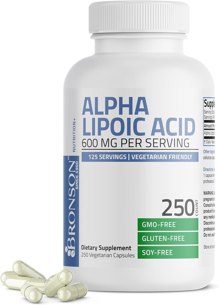 Bronson Alpha Lipoic Acid 600mg Gratis Radikal Scavenger støtter helse - Ikke-GMO, 250 Vegetariske kapsler (125 Serveringer)