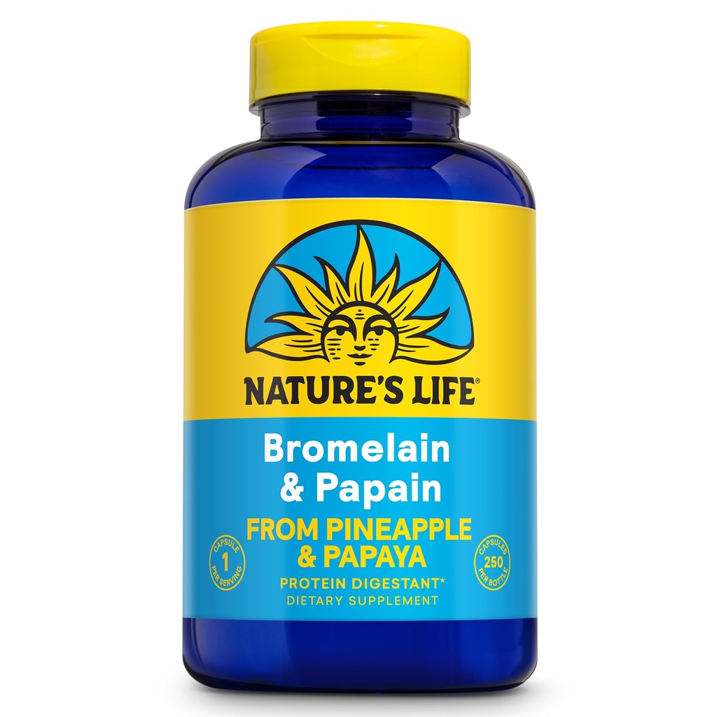 Naturens liv Bromelain & Papain | Proteolytiske enzymer for Digestiv støtte og komfort | fra Pineapple & Papaya | 250 mg (250 CT)