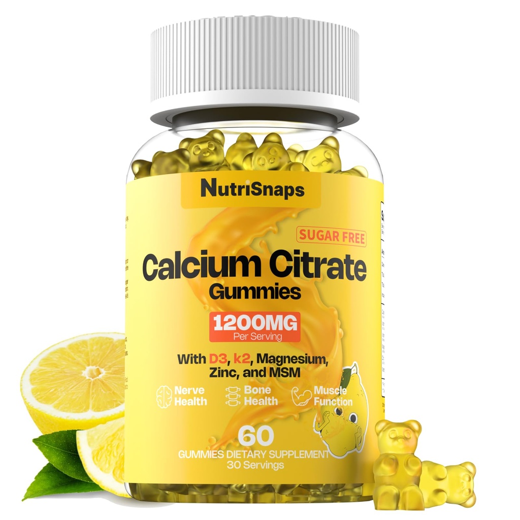 Sukkerfri kalsium Citrat Gummies 1200 mg med vitamin D3 K2, magnesium, sink, MSM for menn og kvinner, Bein, Muskel, Immun støtte, Ultimate Absorpsjon Kalsium Supplement, Vegansk, 60 greve