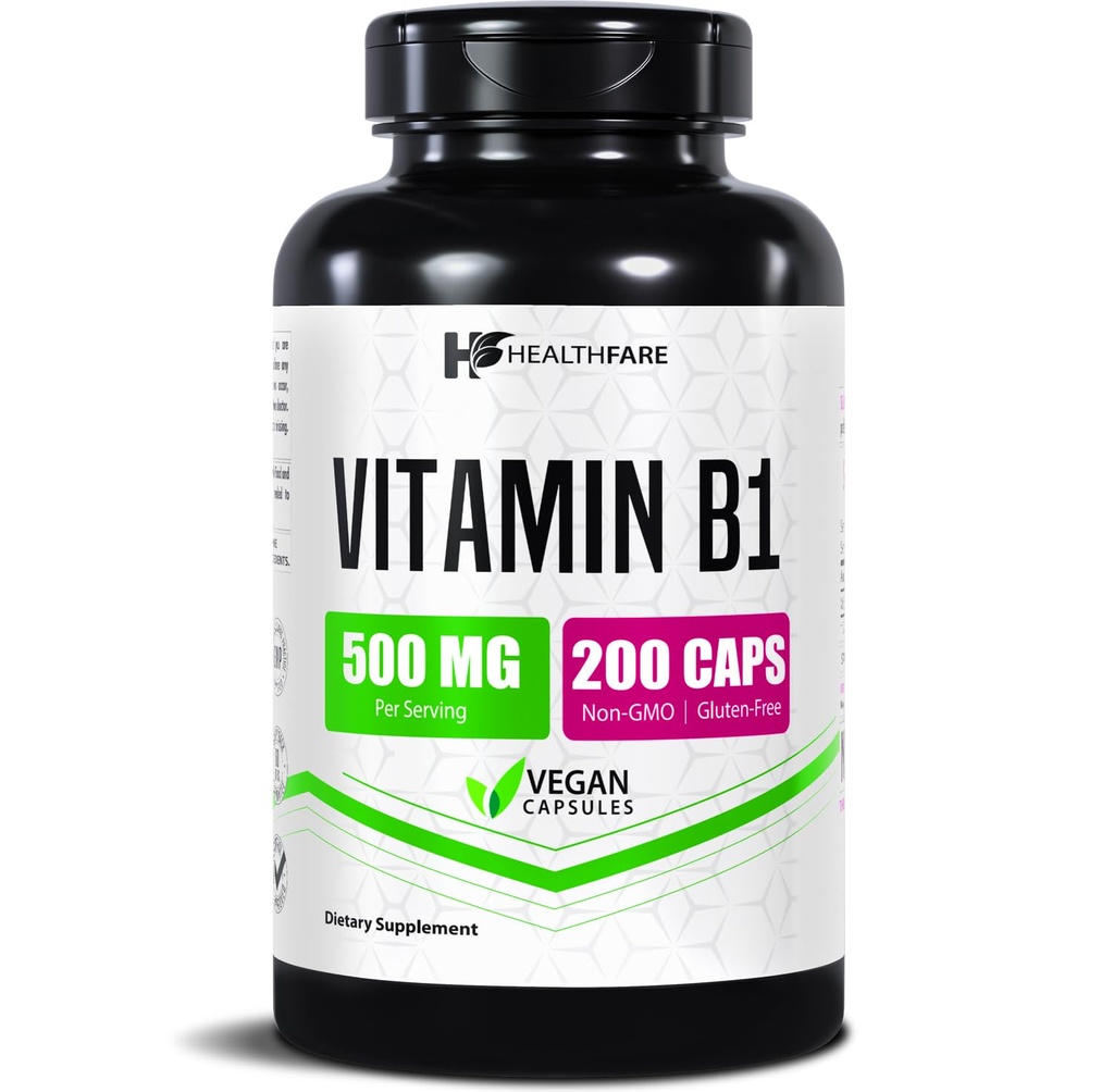 Helsefare Vitamin B1 (Thiamin) 500 mg | 200 Vegan Capsules | Extra styrke høy styrke Supplement | støtter energi & nervesystem | Ikke-GMO, Glutenfri | laget i USA