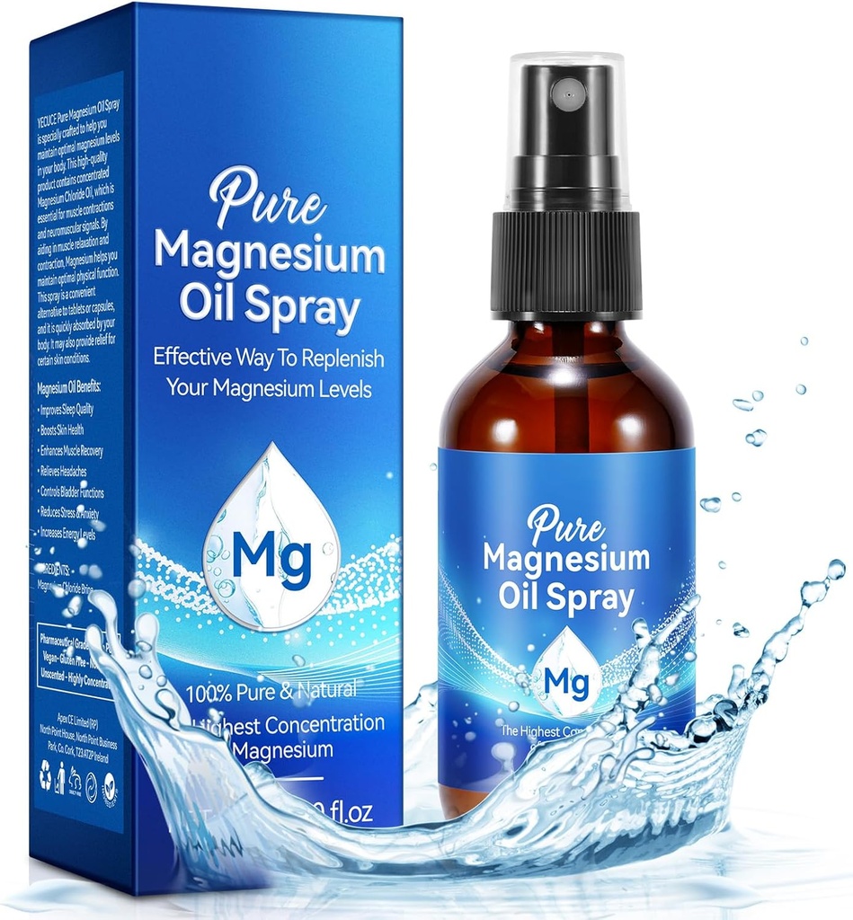 Magnesium Spray, ren magnesiumolje Spray for føtter, naturlig organisk ingredient i glassflaske, lett å absorbere og bruk (60ML)