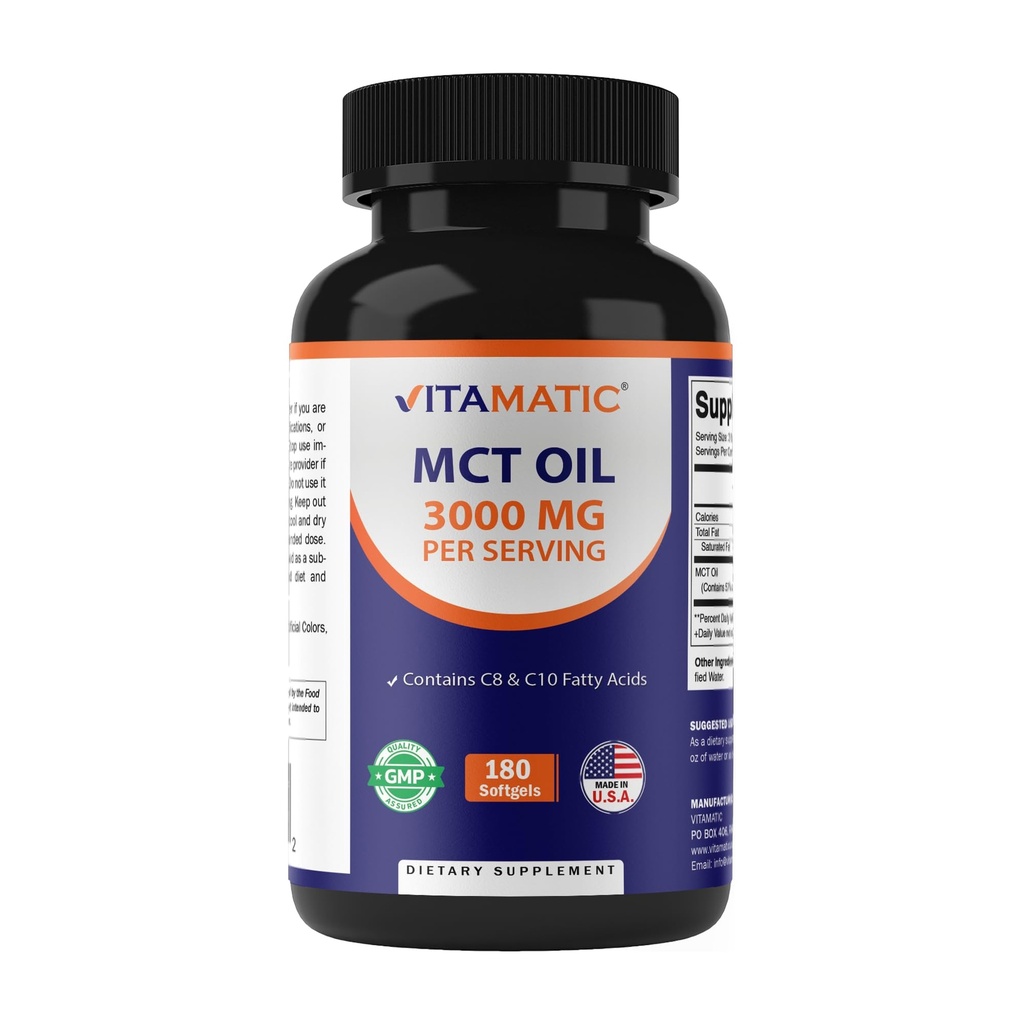 Vitamatic MCT Olje 3000 mg per servering - 180 Softgels - fra kokosolje - inneholder 55% kaprylsyre C8 og 40% capricsyre C10