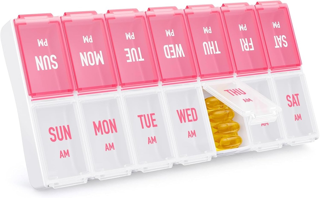 Ukentlig Pill Organizer 2 ganger om dagen, stilig pille boks 7 dagers PM med store sammenligninger, pille tilfelle lett å bruke, BPA-fri piller container for vitaminer, fiskeoljer, kosttilskudd, medisiner, rosa