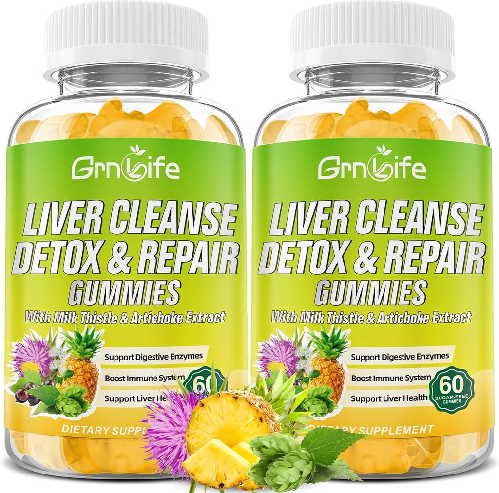 Liver Cleanse Detox & Reparasjon Gummies med Melk Thistle 3000mg, 24-i-1 Liver Helse Supplement med Dandelion, Artichoke, Sukkerfri Lever Detox Gummies, Pineapple Flavor - 120 greve