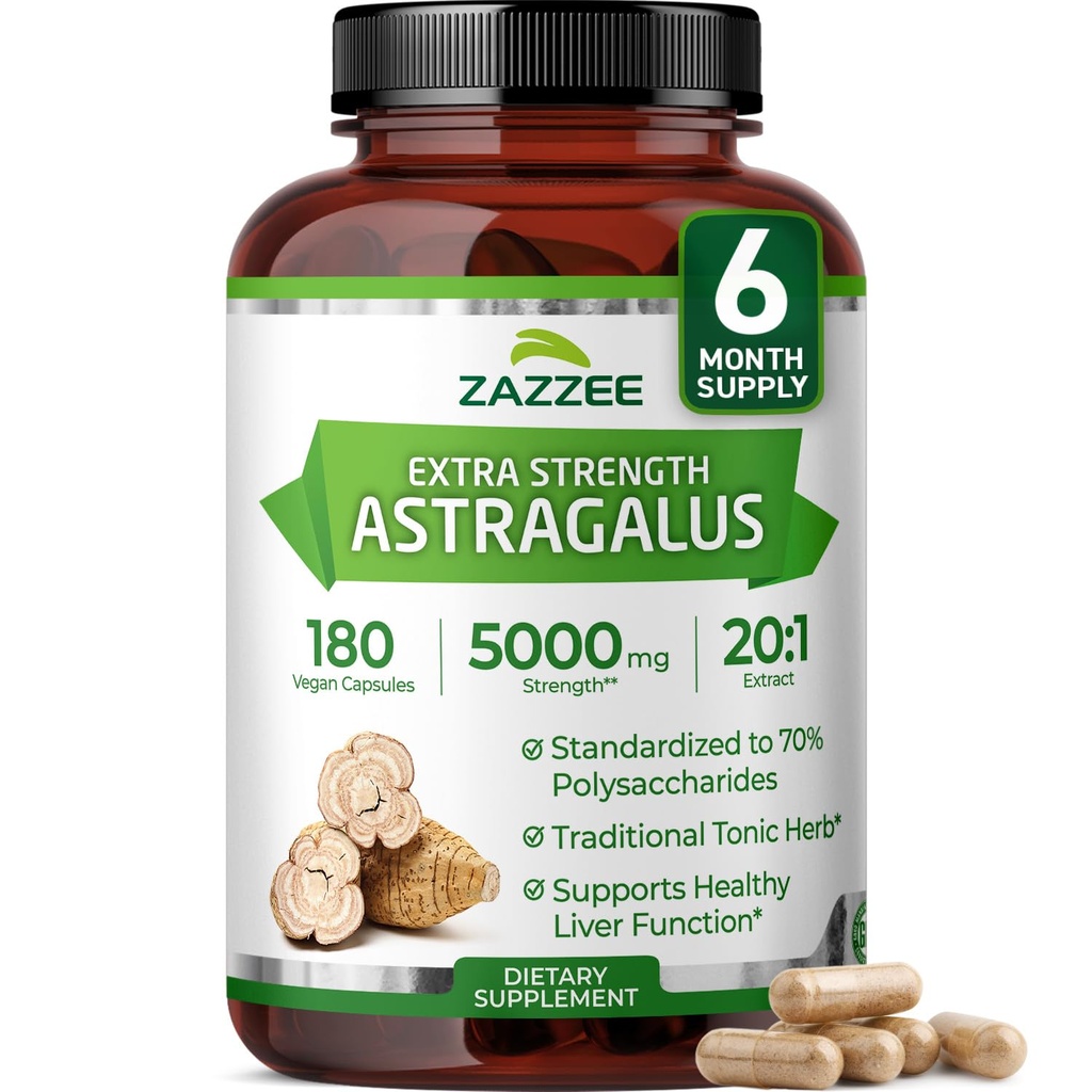 Zazzee ekstra styrke Astragalus Root 20:1 ekstrakt, 5000 mg styrke, 70% polysakkarider, 180 vegansk kapsler, 6 måneders forsyning, 100% vegetarisk, standardisert og konsentrert 20X ekstrakt, ikke-GMO