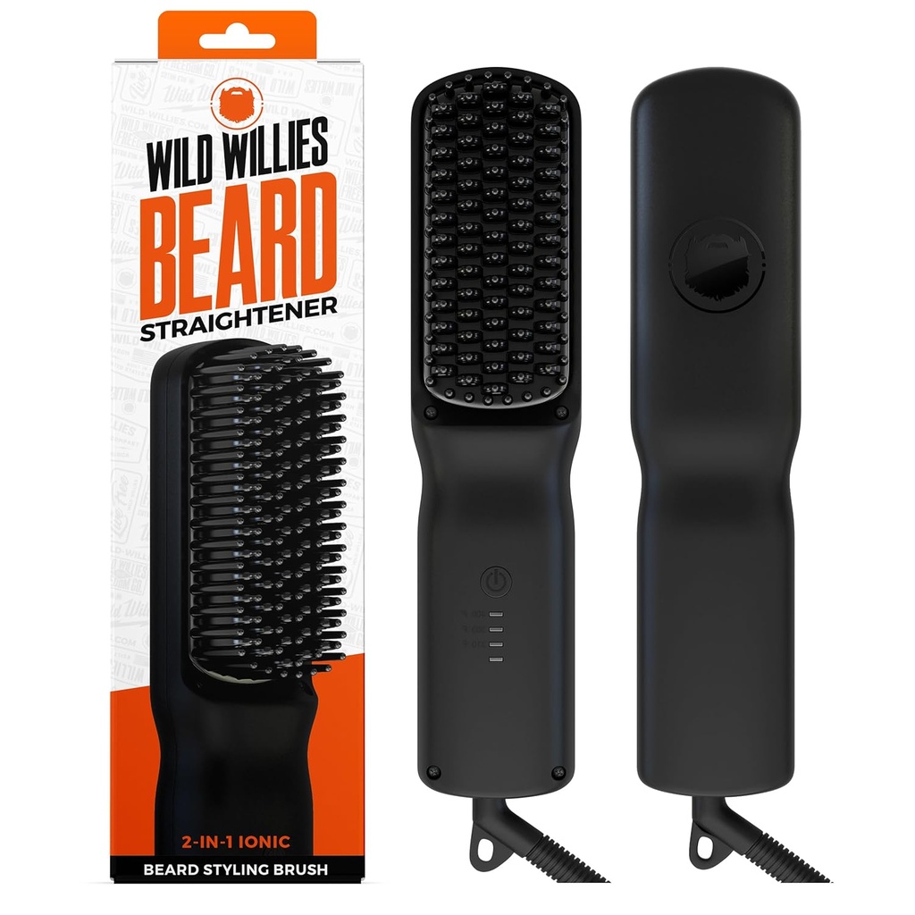 Wild Willies Beard Straightener for menn - 3 temperaturinnstillinger, Tourmaline keramisk oppvarmet Skjeggbørste & Hot Comb - Bærbar, ionisk teknologi, krølle og curly hår, 400F - Grooming Tool