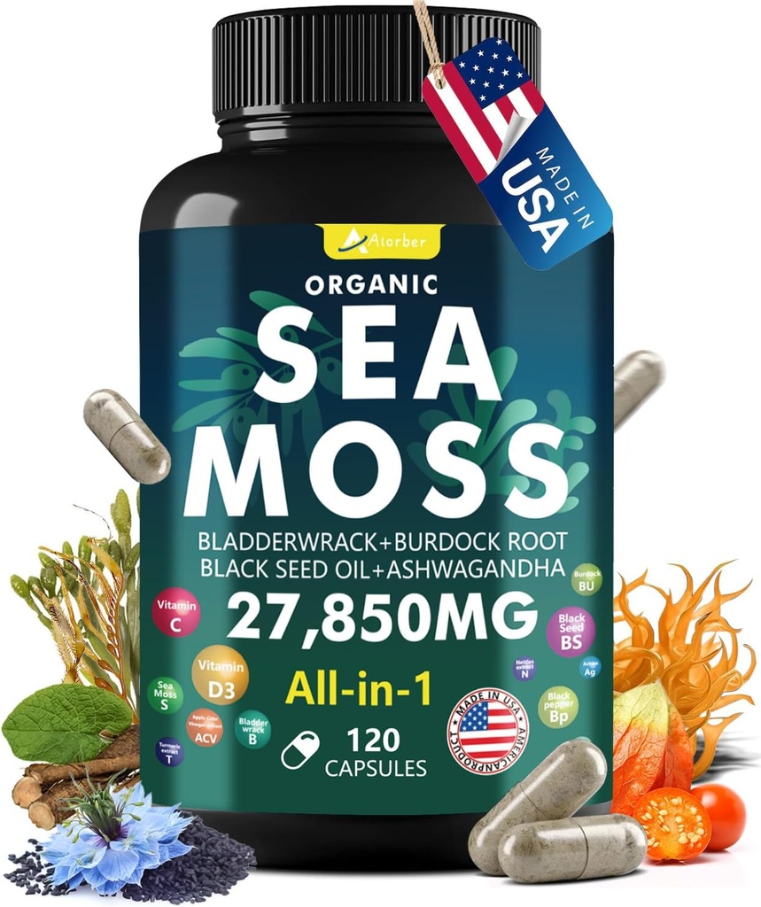 Sea Moss Capsule Complex med Sea Moss, Black Seed Oil, Aşhwagandha, Ginger & Vitaminer C, D3-120 Kapsler, Superfood Kosttilskudd - Avansert Seamoss piller, Wild Sea Moss piller, laget i USA