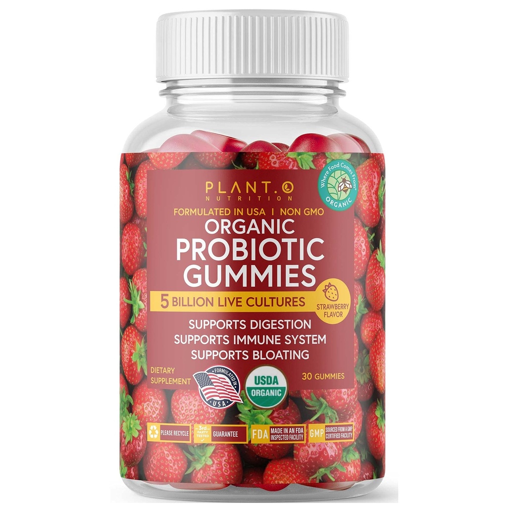 Plant.O Organic Probiotic Gummies for kvinner, menn og barn [5 milliarder CFUs USDA-sertifisert] Hjelp Støtte Digestion, Bloating, Stivelse og immunsystem, Jordbær Flavor, 30 Chewable Probiotika