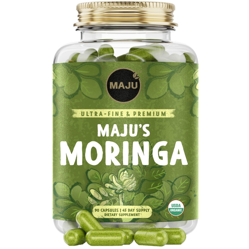 Maju Superfoods Organic Moringa Capsules, Oleifera Leaf, Extra-Fine Quality Moringa Blade, Tørket Drumstick Treblader, Organic Moringa Powder Extract Supplement Kapsler fra Plante (90 ct)