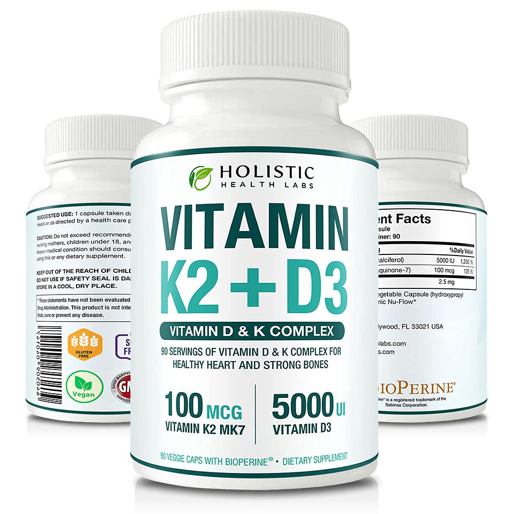 Max absorpsjon vitamin K2 + D3 (5000IU) 90 Veggie kapsler fra MK-7 (Menaquinon-7) og kolekalciferol (med BioPerine) 3-måneders forsyning – D3 med K2 for sunn hjerte og sterke bein | Ikke-GMO
