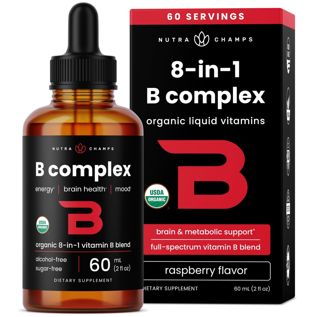 USDA organisk vitamin B komplekse flytende dropper ® B vitaminer kompleks kosttilskudd med B1, B2, B3, B6, B7, B9 & Metyl B12 dråper for voksne og barn ® Vegan Berry Flavor 2oz ® 60 serveringer / 2 måneds forsyning