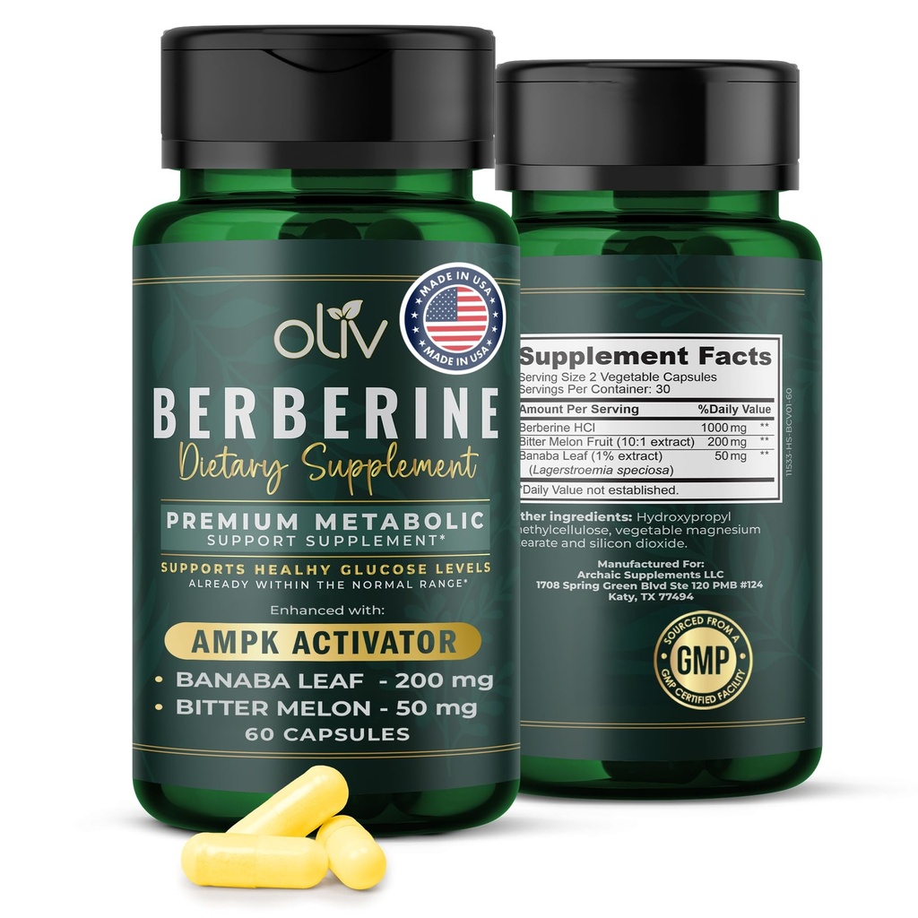 oliv ren berberin kosttilskudd kapsler - Berberine HCI 1000mg - naturlig metabolsk støtte med 200 mg biter Melon fruktekstrakt og 50 mg Banaba leaf - 2 grønnsaker kapsler daglig (30 serveringer)