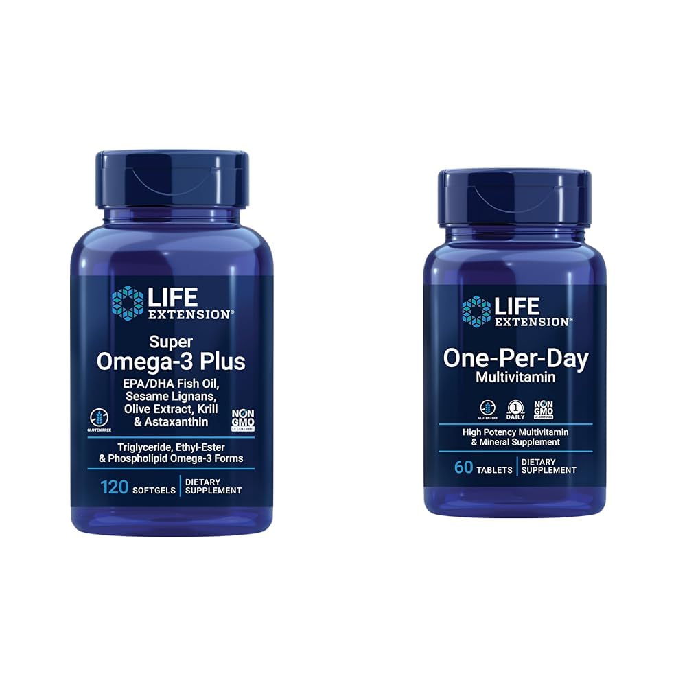 Livsforlengelse Super Omega-3 Plus EPA / DHA Fish Oil, Sesame Lignaner, Olive Extract & One-Per-Day Multivitamin - pakket med over 25 vitaminer, mineraler og plante
