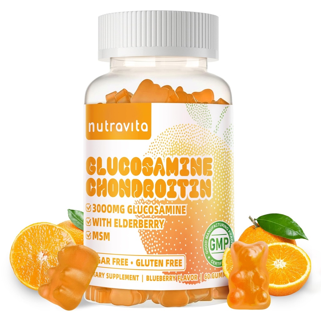 Nutravita Glucosamine Chondroitin Gummies med MSM & Elderberry ekstra styrke - Felles støtte, Antioksidant immun støtte Supplement for voksne, menn og kvinner.60 Orange Chews