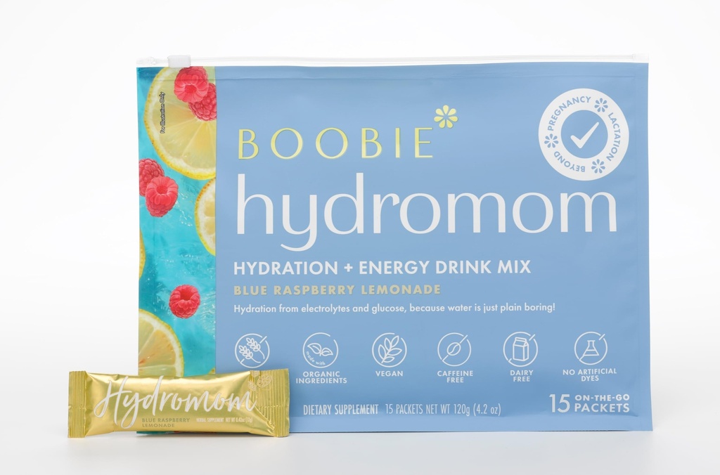 Boobie Hydromom Superfood Electrolyte Drink Mix, Blå Bringebær Lemonade | Forfriskende energi og hydrasjon Boost for mamma | On-The-Go & Reise Essentials for graviditet, lacation, & Beyond, 15 Packets