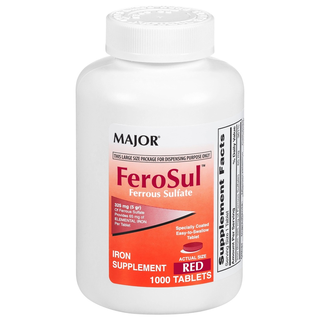 Major FeroSul - Ferrous Sulfate 325 mg tabletter - jerntilskudd for kvinner og menn - spesielt coated Easy-to-Swallow tabletter - rød - 1000 greve
