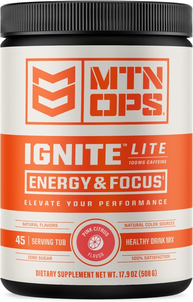 MTN OPS Ignite Lite Energi Drikkepulver Glutenfri Nitric Oxid Supplement Drikkeblanding, L Arginin, L Citrullin, Koffein & Nootropisk Sukker Gratis Drikkeblanding, 45 Serveringer, Pink Citrus