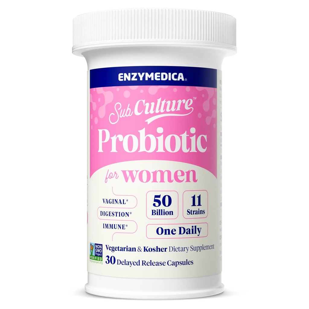 Enzymedica SubCulture Probiotika for kvinners Vaginal & Urinal helse, 50 milliarder CFU, støtter immun + Digestiv helse og regelmessighet, 30 greve