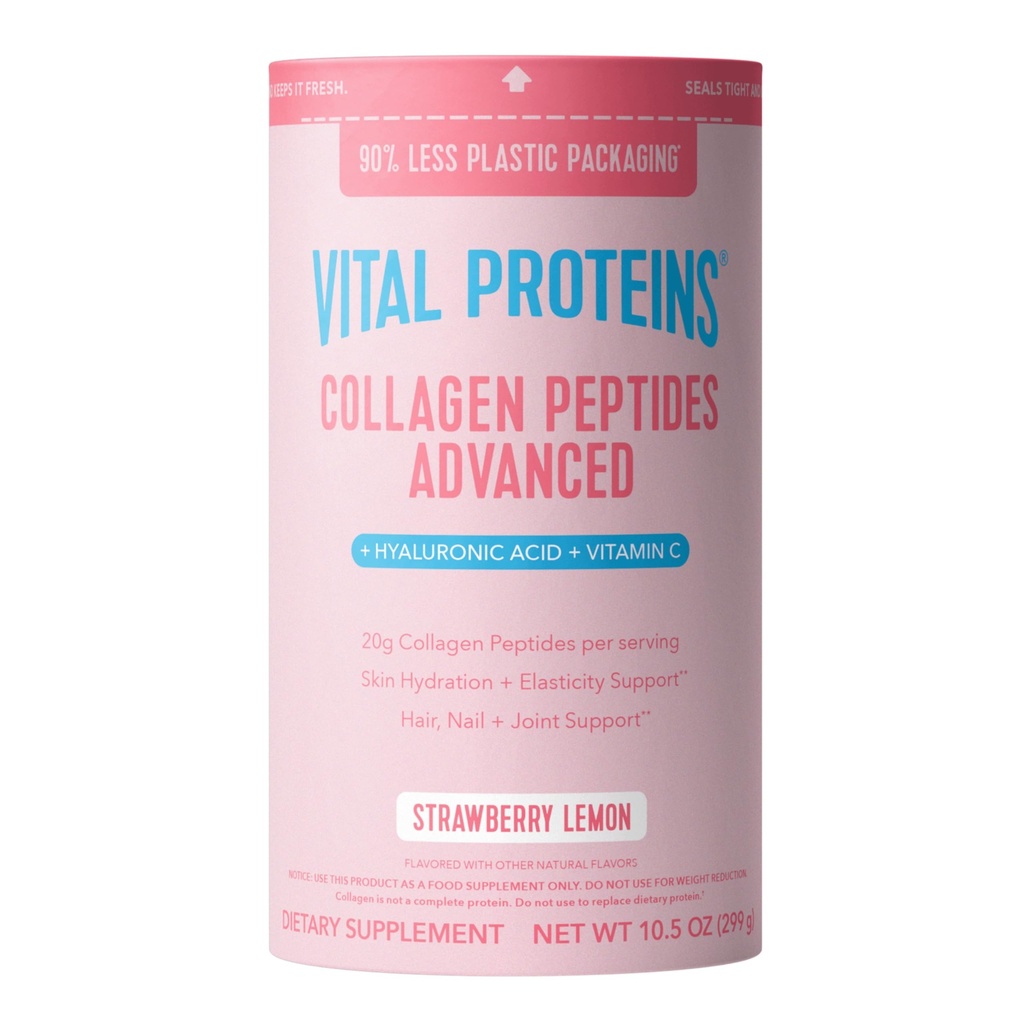 Vitale proteiner kollagenpeptider avanserte, hydrolyserte peptider med Hyaluronsyre og vitamin C - Jordbær sitronflavor pulver, 10.5oz
