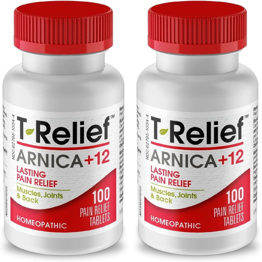 T-Relief Arnica + 12 Naturlig lindring aktive for ryggsmerter felles smerte muskelverk og stivhet, hele kroppen rask fungerende relief for kvinner og menn - 100 tabletter (2 pakke)