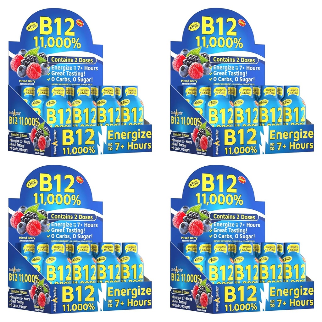 Grad A kvalitet, B12 blandet Berry Flavor, opp til 7 + timer energi, 1,93 Fl Oz, 48 greve