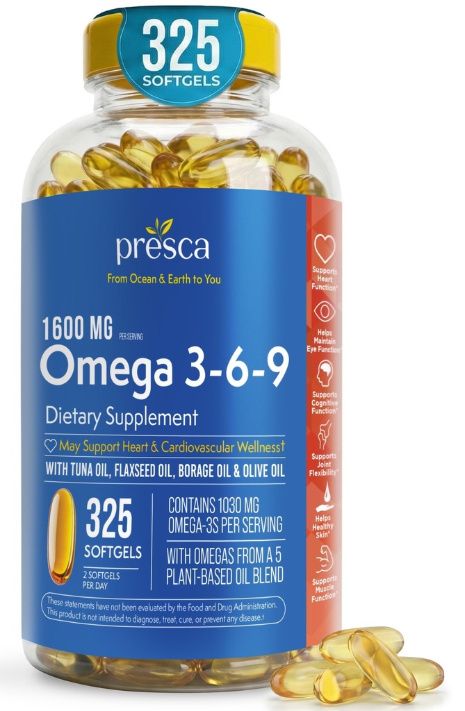 Omega 3-6-9 Kosttilskudd (325 ct.) - Fremme visuell funksjon og øye helse - Støtte hjerte, kardiovaskulær helse, sunn hud, hår og generell helse (Omega 3-6-9)