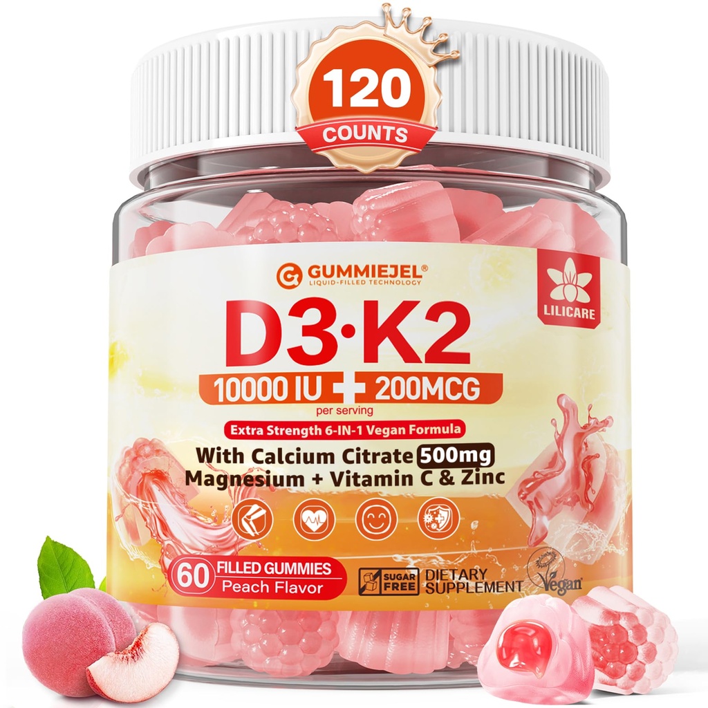 Vitamin D3 K2 fylte gummier 5000 IU / 10.000 IU med 500 mg kalsium + K2(MK-7) 200mcg, magnesium, vitamin C & sink, ekstra styrke - Ultimate absorbens for beinmuskeltanner, vegansk -- pakke med 2