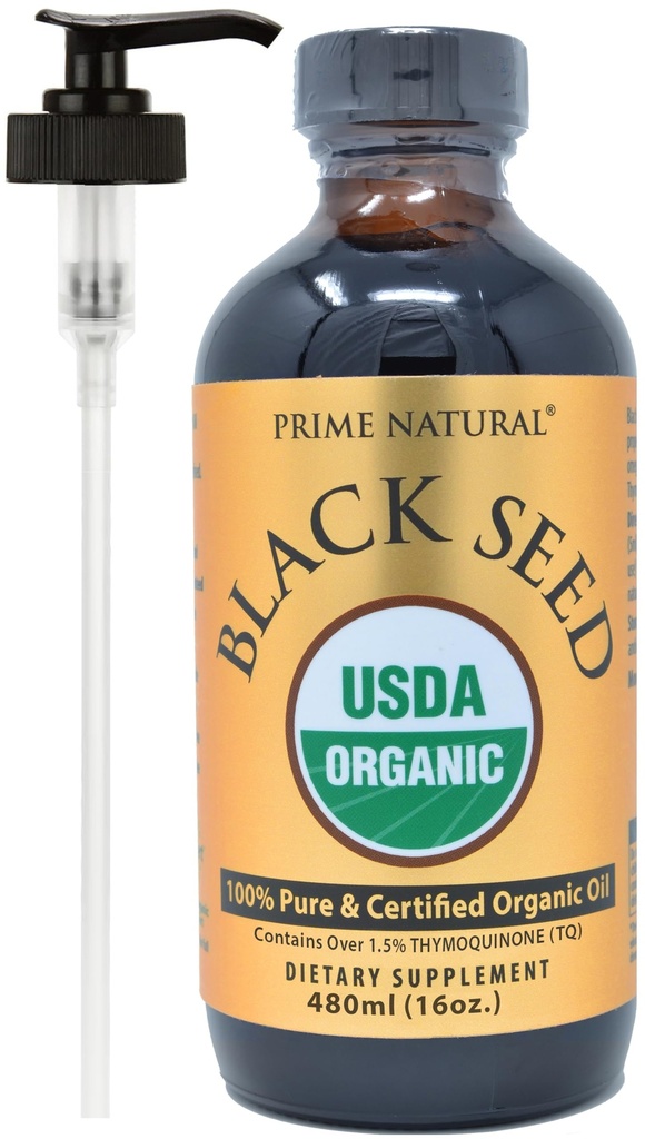 PRIME NATURAL Organic Black Seed Oil 16oz - kald presset høy thymoquinon 1,7% USDA sertifisert - tyrkisk opprinnelse Potent Nigella Sativa væske - Vegan Omega 3 6 9, Antioksidant