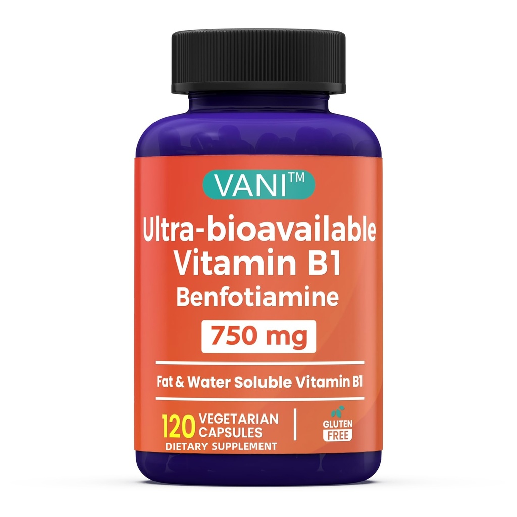 VANI 750MG Benfotiamin med B1, 5X tid fett og vann løselig Thiamin B1 Supplement - tredjepart testet, ingen gluten (120 kapsler)