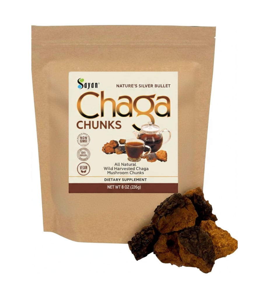 Sayan Sibir ren rå Chaga Mushroom Chunks med svart toppstrost 8 Oz / 223 g – Premium Wild-Harvested Antioksidant Te for immun støtte, fokus og digestiv helse - ikke-GMO