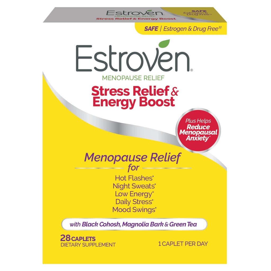 Estroven Stress Relief & Energiøkning for Menopause Relief - 28 Ct. - Klinisk bevist ingredienser gi stress og energi støtte + nattsvite og varme blitsrelief - Drug-free og glutenfri
