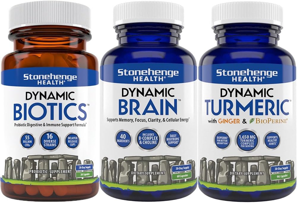 Stonehenge Health Dynamic Biotics Probiotic, Dynamic Brain, Dynamic Turmeric: Energi, Joints, Digestion, Kognitiv støtte, Minne, Fokus og Klarhet