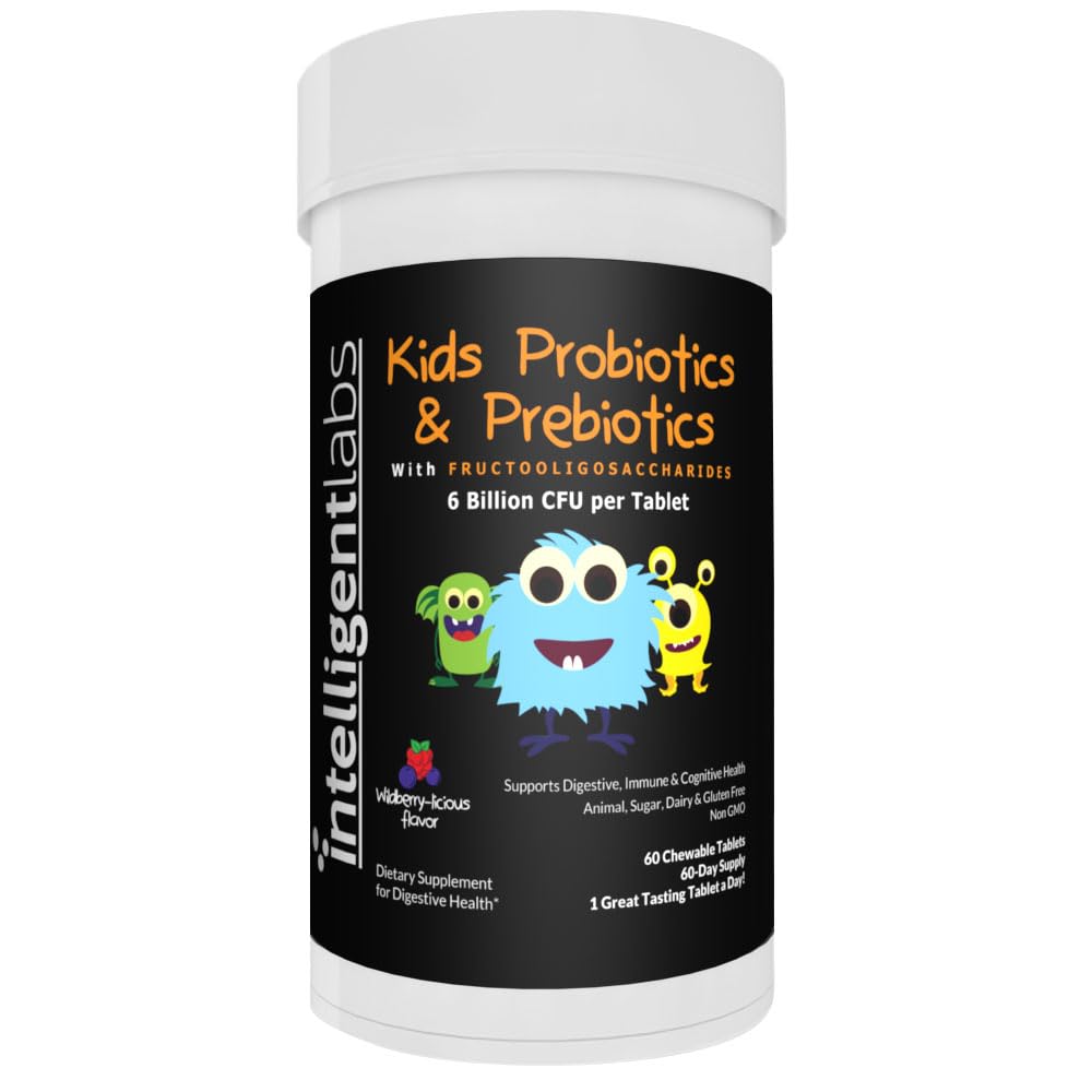 Intelligent Labs 6 milliarder CFU Kids/Childs probiotika med prebiotika, Sunfiber og FOS, for 10x mer effektivitet, en dag stor smak Chewable Probiotic, 60-dagers forsyning, tredjeparts verifisert