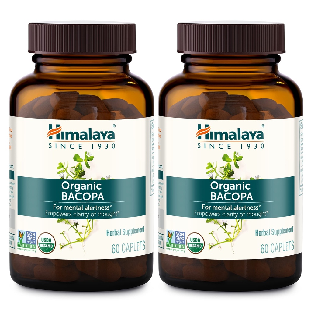 Himalaya Bacopa Monnieri Nootropic Herbal Supplement, Mental Alerthet, Støtter Rolig, Minne, Kognisjon, USDA Organisk, Ikke-GMO, 750 mg, 60 Plantebaserte kapell, 2 Pack, 120 dagers levering