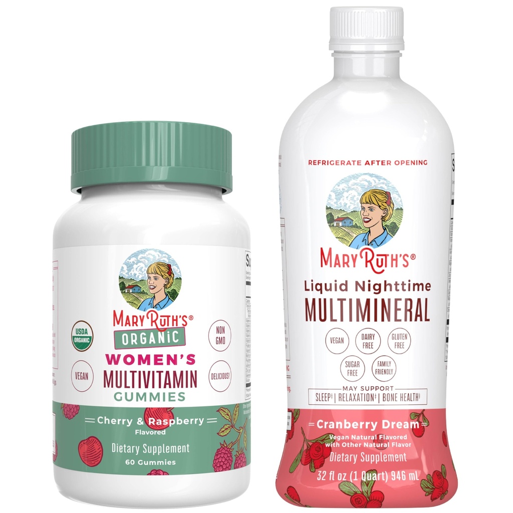 MaryRuth Multivitamin Gummies for kvinner (Cherry & Raspberry) & flytende nattetid Multimineral (Cranberry) | Ren etikett prosjekt verifisert ® | Vegansk, ikke-GMO | skjønnhet, sengetid, total helse