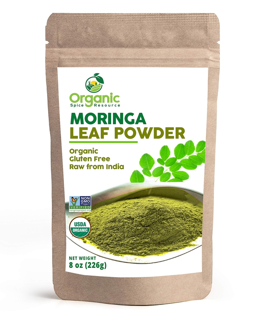 Organic Moringa Powder - 8 oz (226 g) USDA Organics, Non-GMO, Kosher, Halal, Moringa Olifera Powder - 100% rå og naturlig, av SHOPOSR