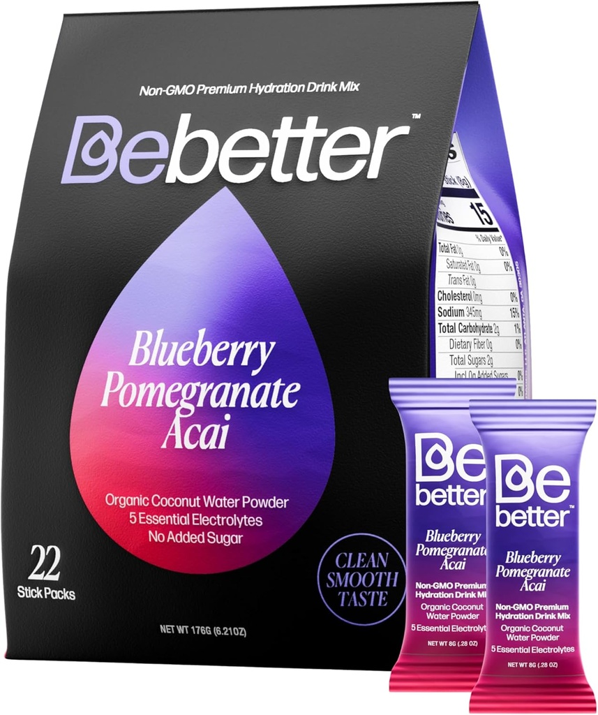 Better Organic Electrolytes Powder Packets | Elektrolyte Drink Mix | Organic Coconut Water | Ingen kunstige Flavors | Sugar Free Hydration Packets | Ikke-GMO | 22 Sticks (Blåbær, Pomegranat, ACAI)