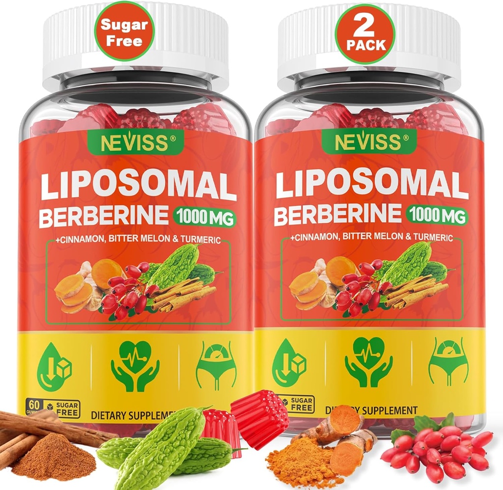Liposomal Berberine Gummies Organic + Berberine HCL + gurkemeie, Berberine Supplement med ceylon kanel, Bitter Melon, Fiber for digestion, Artichoke for lever, generell helse, sukkerfri