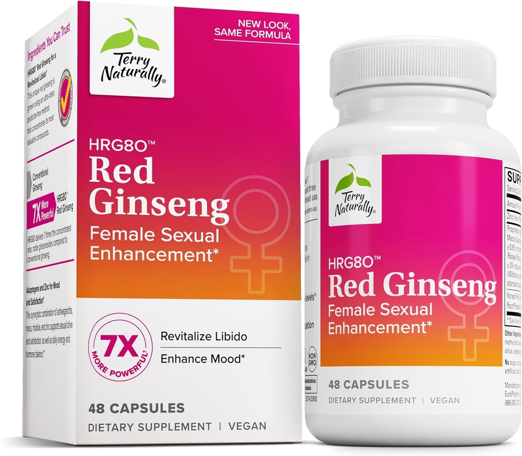 Terry Naturally HRG80 Rød Ginseng Kvinnelig seksuell forbedring - Diett Supplement for sirkulasjon, utholdenhet og energi støtte - Vitality Support med Ashwagandha, Red Ginseng & Sink - 48 Kapsler