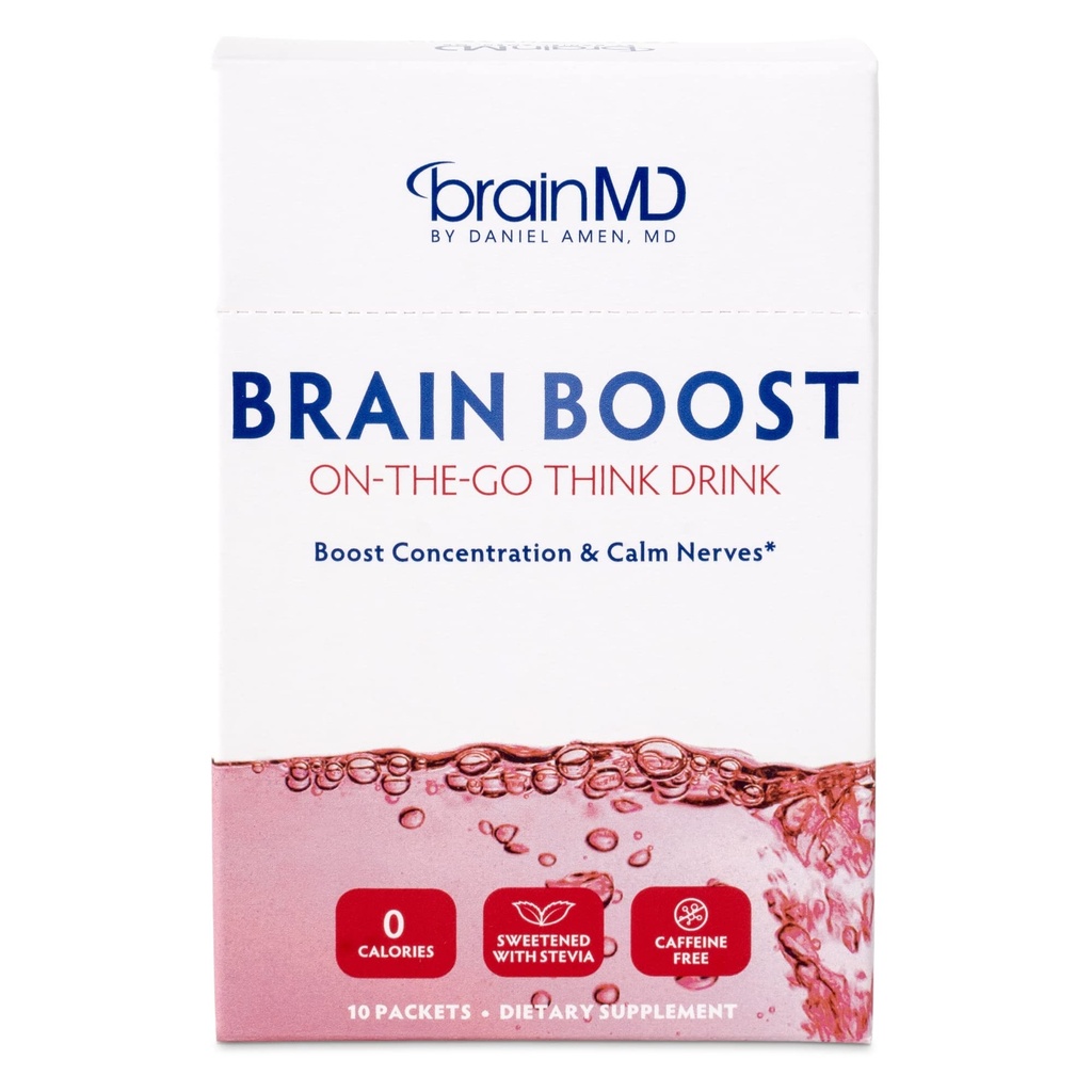 BRAINMD Dr Amen Brain Boost On The Go - 10 pakker, Berry Flavor - Nootropisk drikke pulver, fremmer fokus, klarhet og mental energi - Koffeinfri, Glutenfri - 10 Services