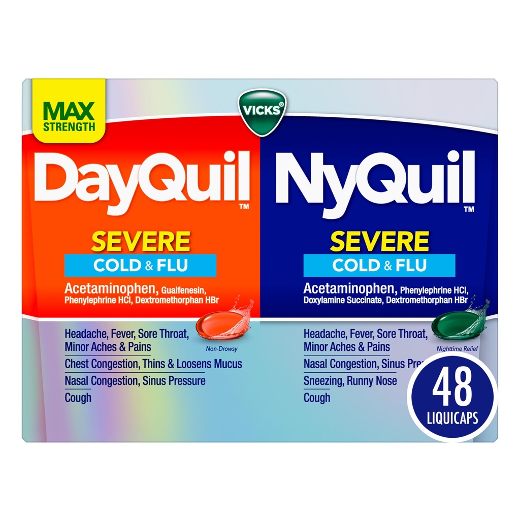 VICKS DayQuil & NyQuil SEVERE Co-Pack, Cold & Flue medisin, Kraftig lindring for hodepine, feber, Sore Throat, mindre smerter og smerter, kongessjon, Sinus trykk, Stuffy Nese, og Cough, 48 LiquiCaps