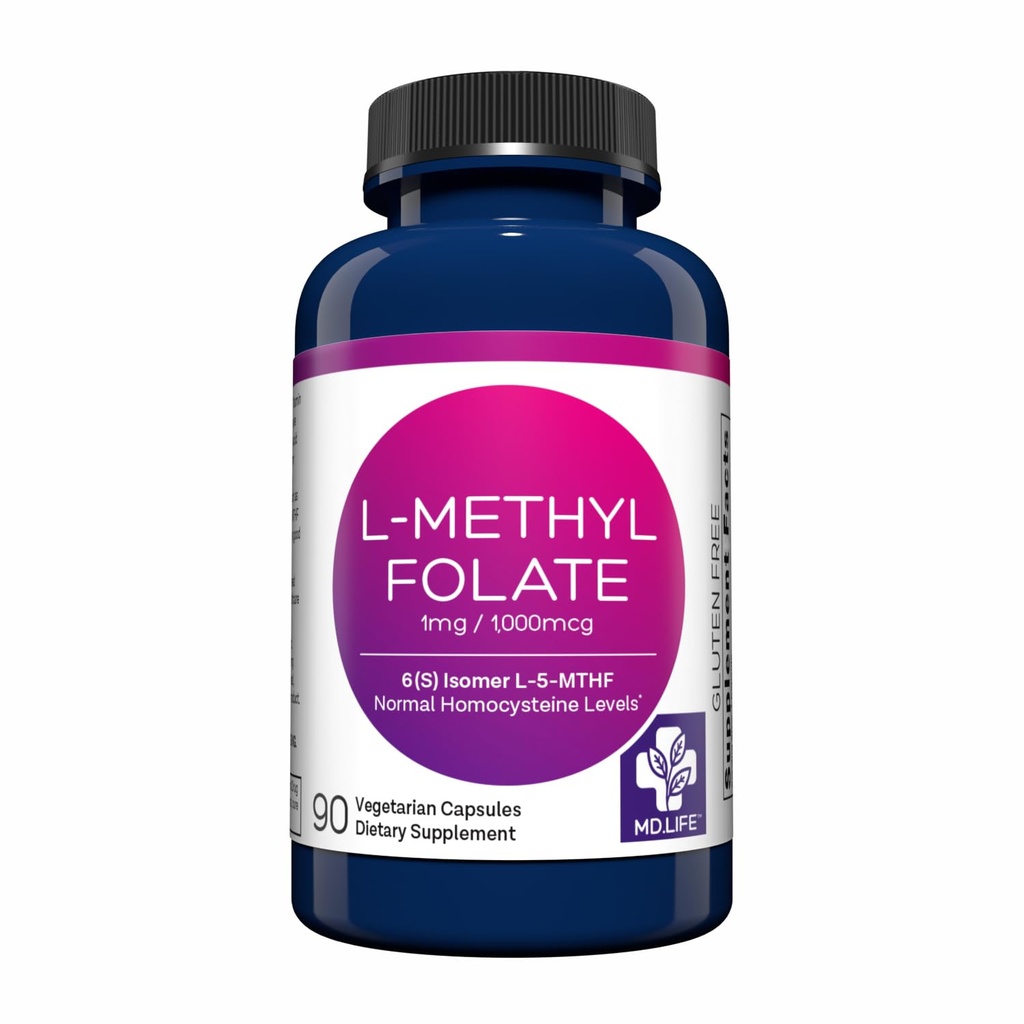 MD Life L-metylfolat 1 mg Supplement - Professional-Grade Active L-metylfolat Supplement - 90 kapsler - L-metylfolat 1 mg - Maksimal styrke MTHFR W / Essentielle Aminosyrer