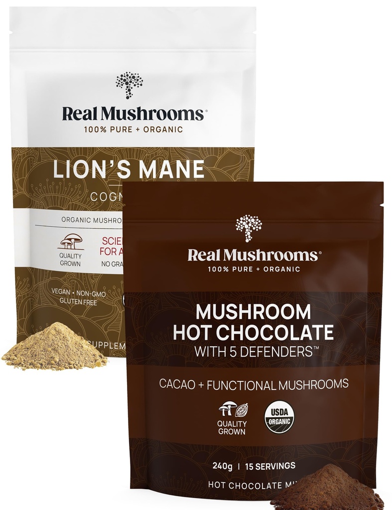 Ekte Mushrooms Hot Chokolade Mix (15 porsjoner) og Lions Mane (60 serveringer) pulver Bundle - Mushroom pulver Supplement for daglig immunitet og kognisjonsstøtte - Glutenfri, ikke-GMO, Vegansk