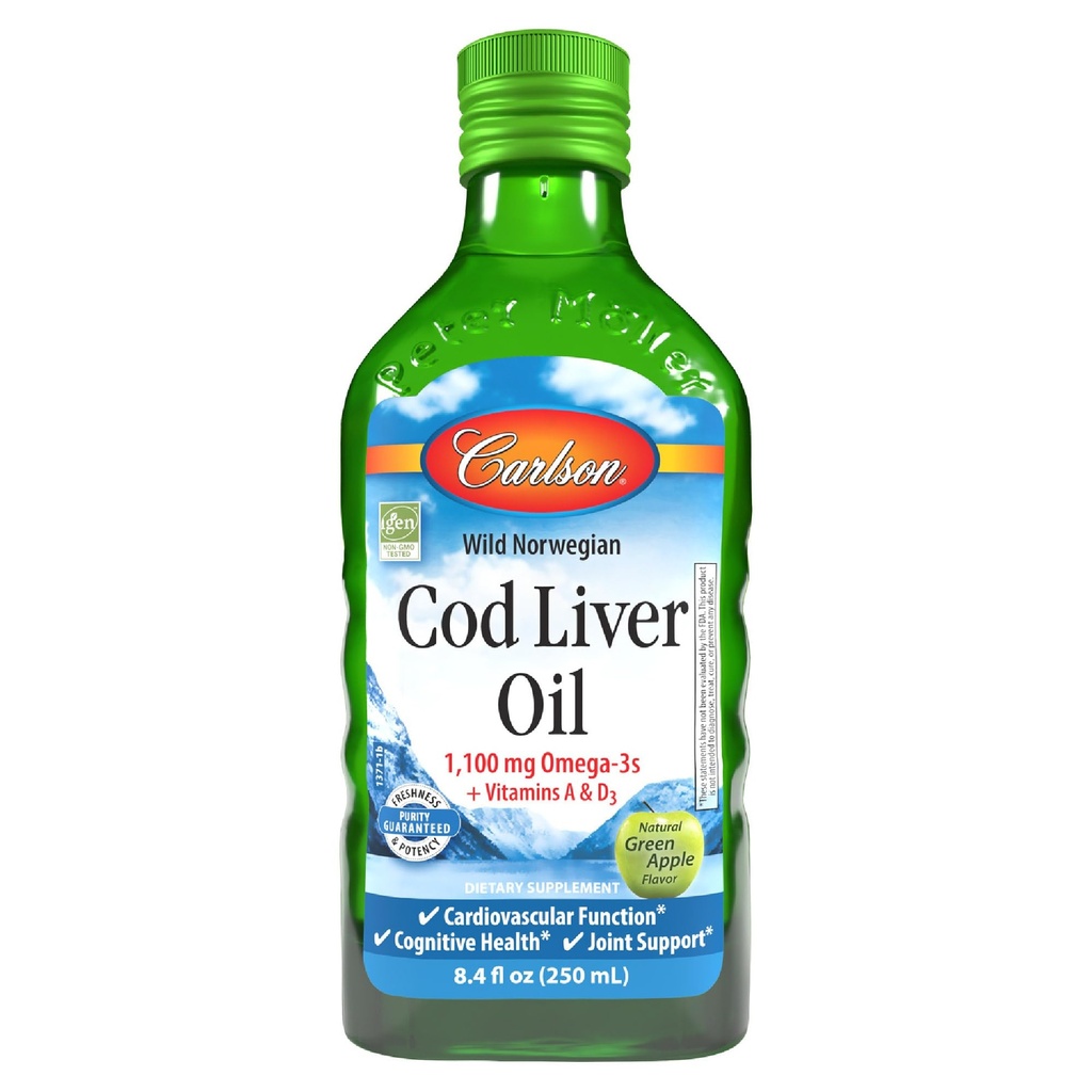 Carlson - Cod Liver Oil, 1100 mg Omega-3s, Plus Vitaminer A og D3, Wild Caught Norsk Arctic Cod Liver Oil, Sustainly Sourced Nordic Fish Oil Liquid, Green Apple, 250 ml (8,4 Fl Oz)